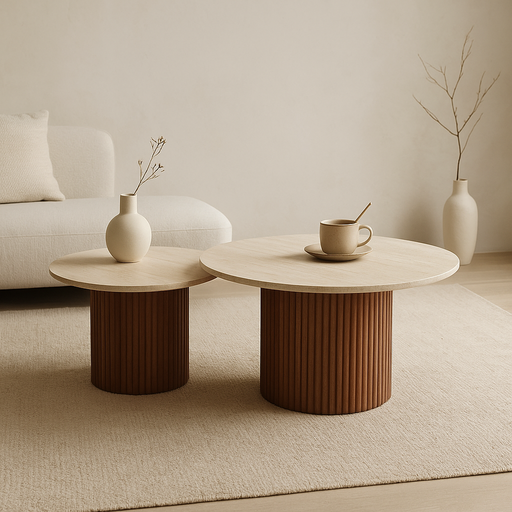 Yana Salontafel Rond 2/set — Travertinlook Walnoot