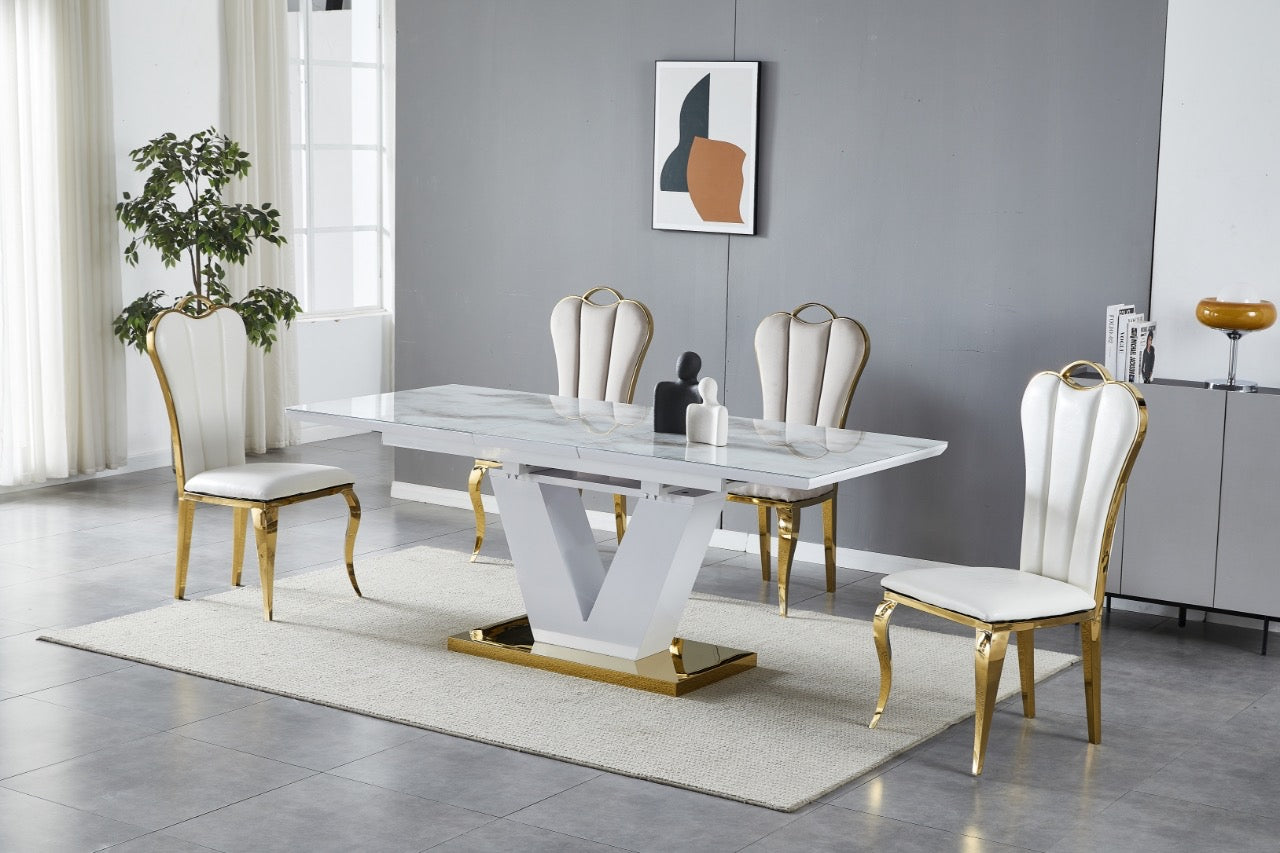 Uitschuifbare Eettafel V – Marmer-effect Beige & Goud – 160–200×90 cm