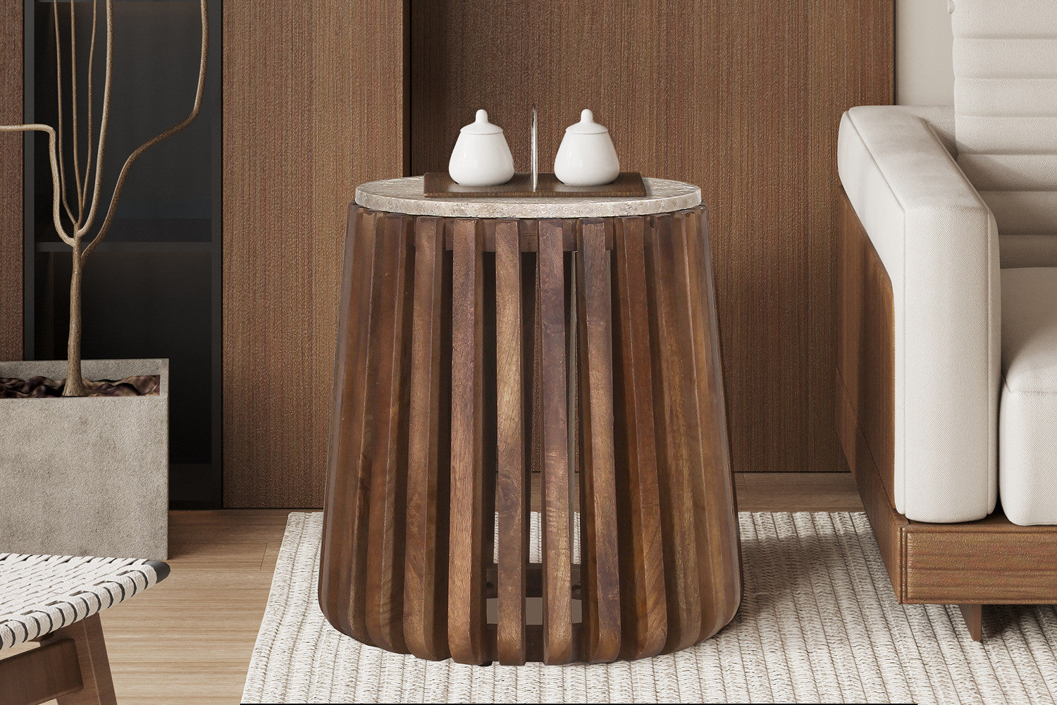 Bijzettafel 'Luuk' 40 cm Rond Mangohout met Travertin Beige