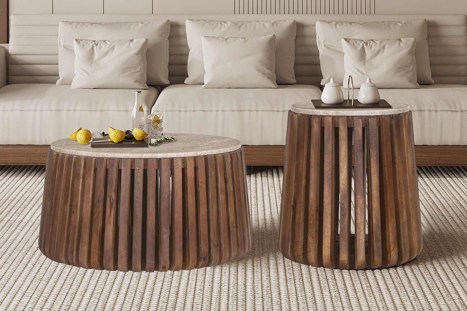 Bijzettafel 'Luuk' 40 cm Rond Mangohout met Travertin Beige