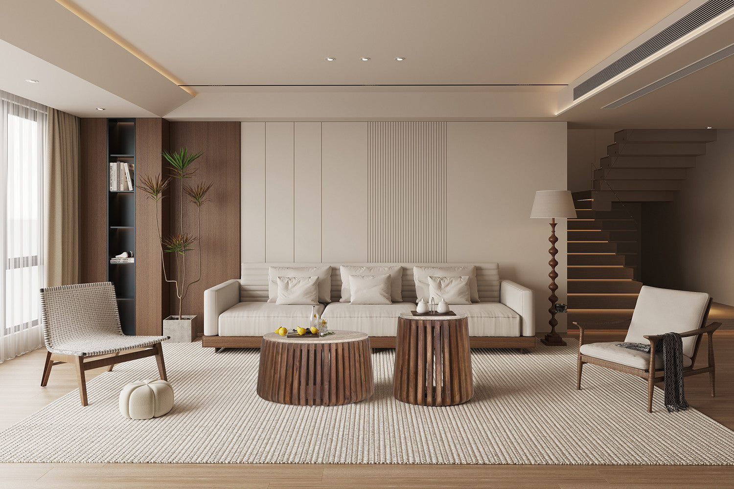 Bijzettafel 'Luuk' 40 cm Rond Mangohout met Travertin Beige