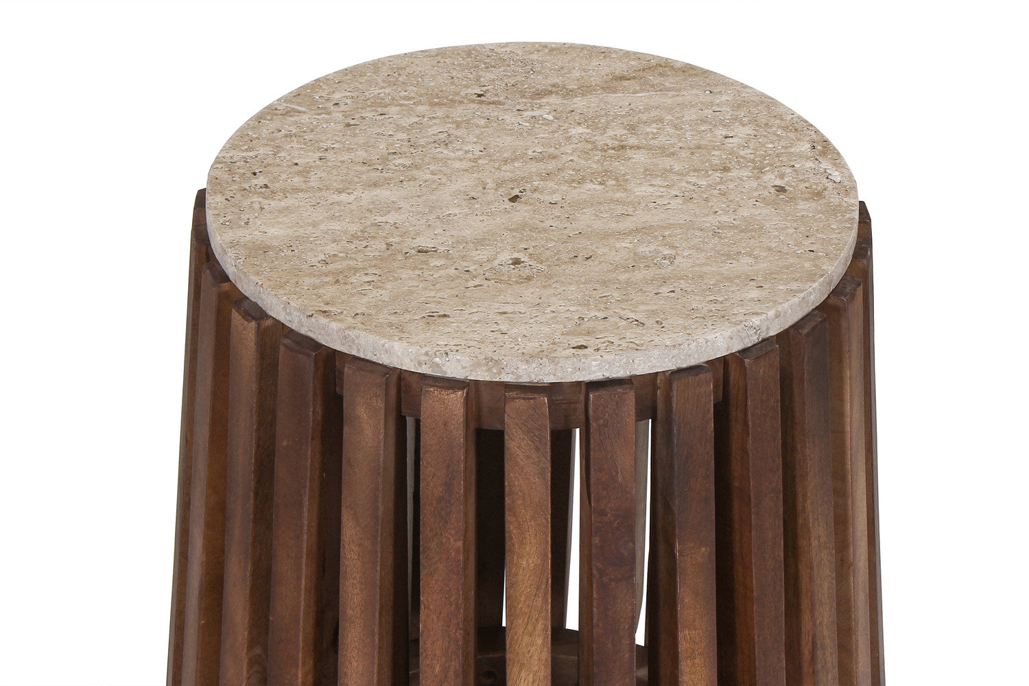 Bijzettafel 'Luuk' 40 cm Rond Mangohout met Travertin Beige