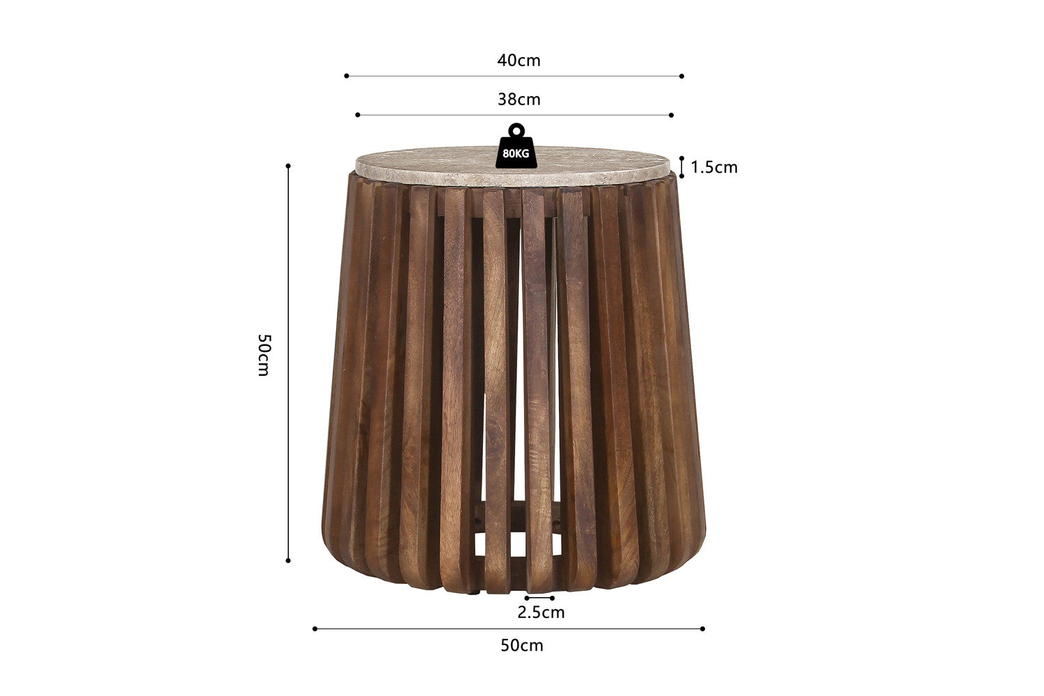 Bijzettafel 'Luuk' 40 cm Rond Mangohout met Travertin Beige