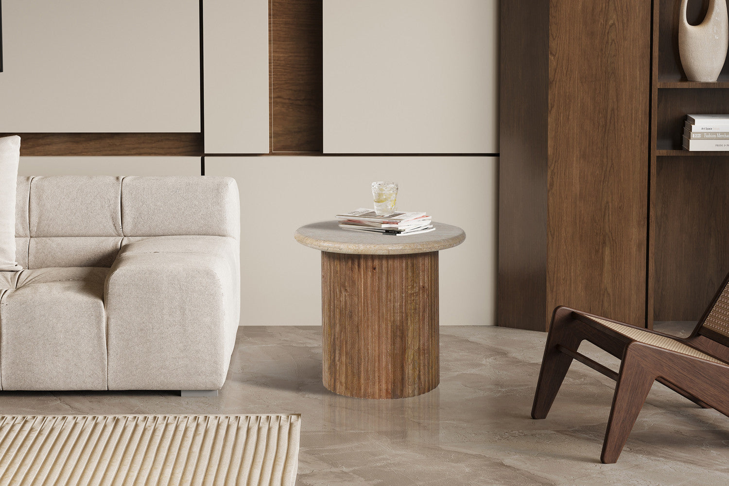 Bijzettafel 'Louis' 50 cm Mangohout met Travertin Beige