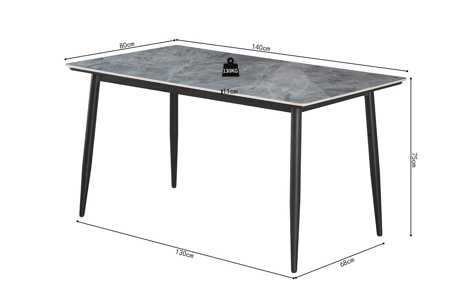 Tafel 'Kenzo' 140 cm Rechthoekig Steen Grijs