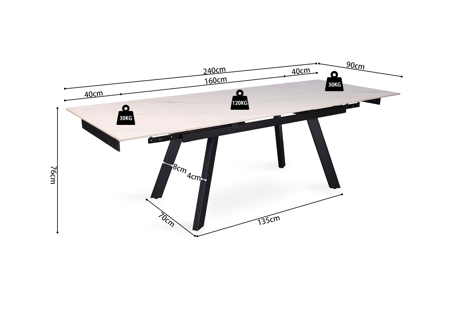 Uitschuifbare tafel 'Hera' 160-240 cm Rechthoekig Steen Wit