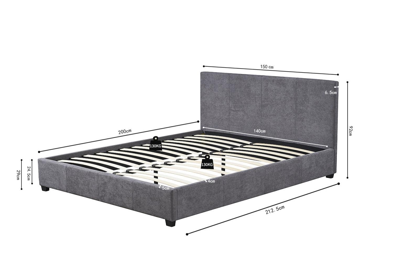 Bed 'Roma' 140x200 met lattenbodem Stof Grijs