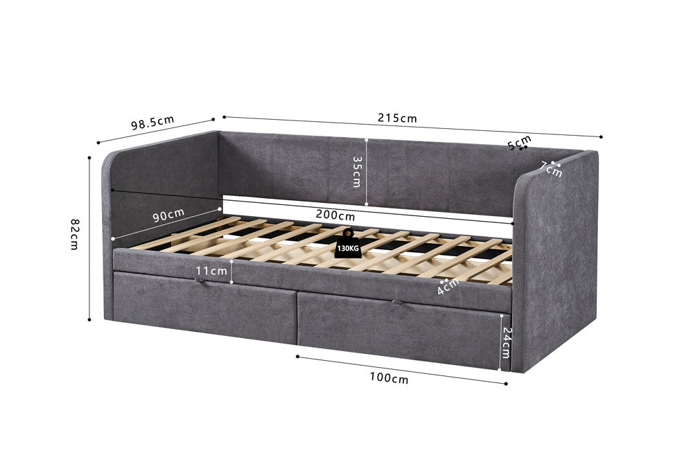Bed 'Parma' 90x200 met lattenbodem Stof Grijs