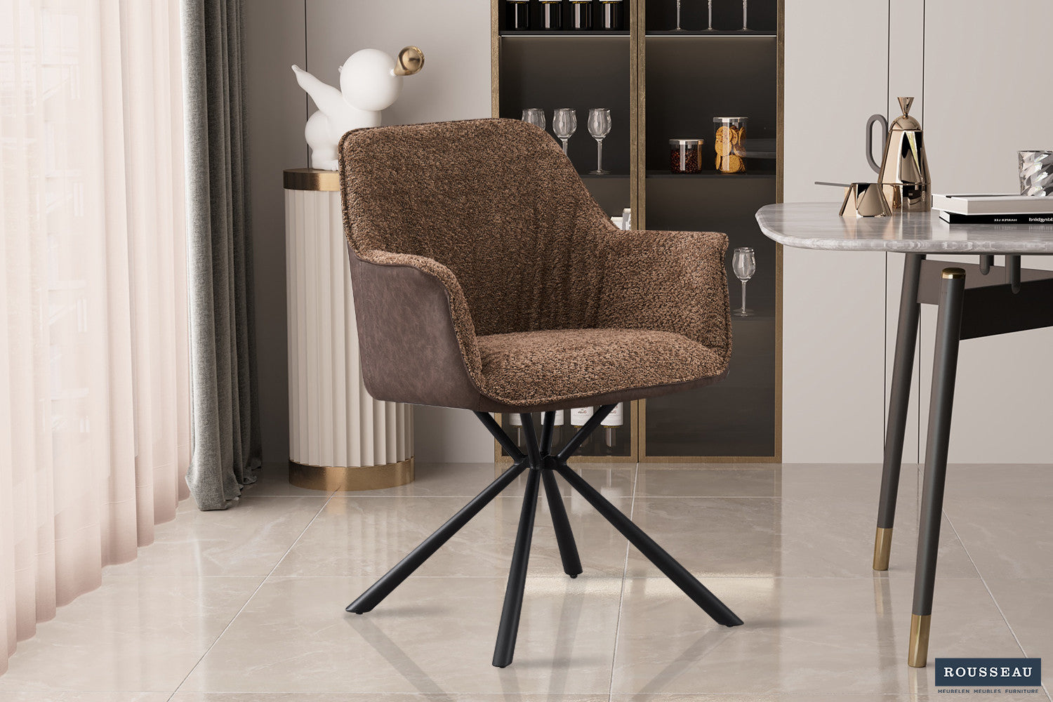 Stoel 'Lucie' Bouclé Zand Vloerkleed PU Bruin