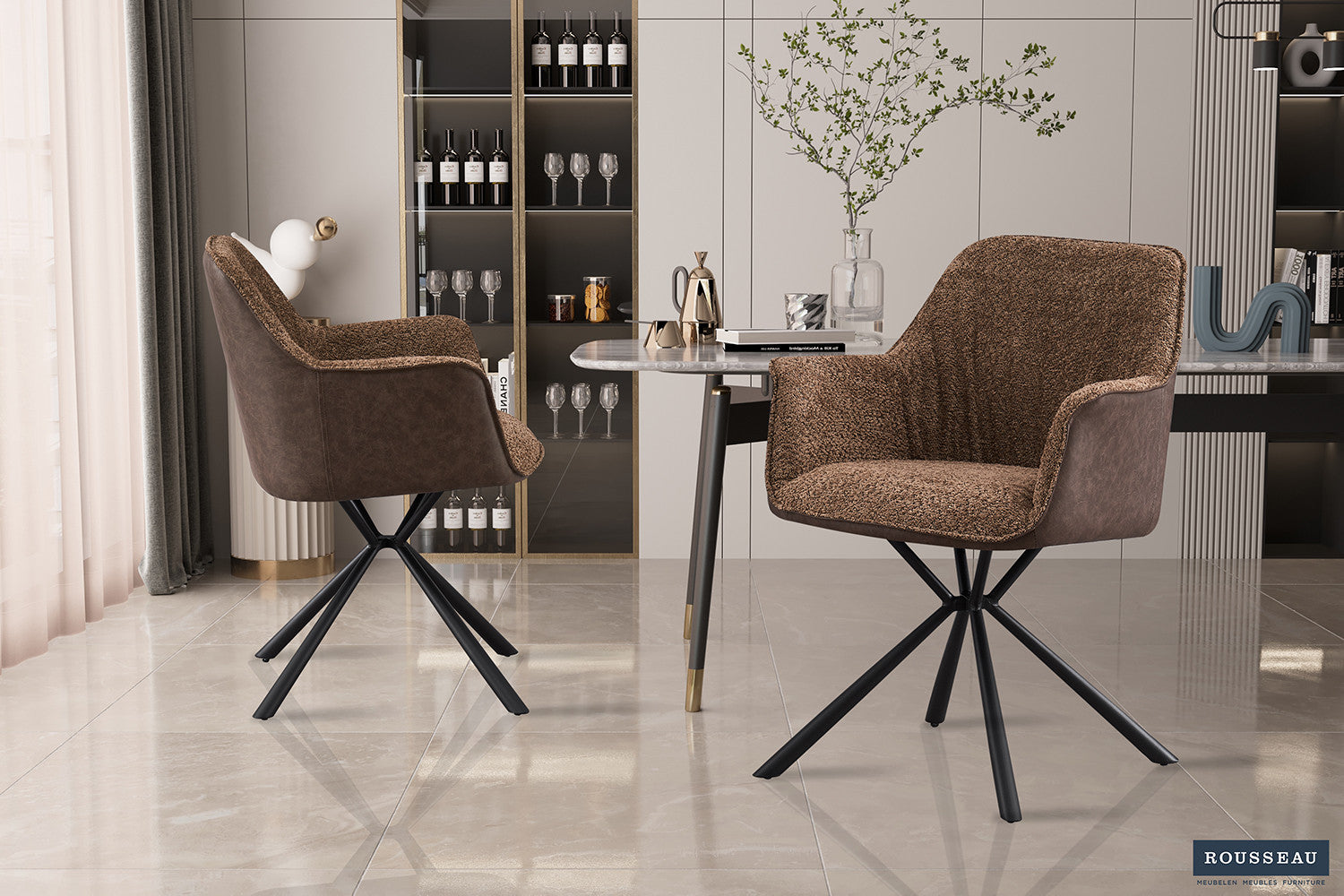 Stoel 'Lucie' Bouclé Zand Vloerkleed PU Bruin