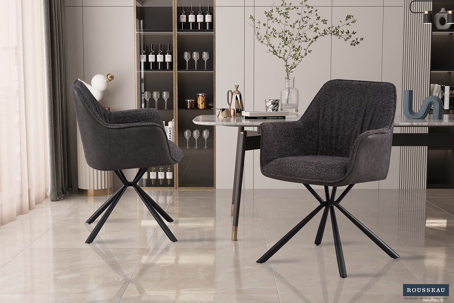 Stoel 'Lucie' Bouclé Grijs Vloerkleed PU Lichtgrijs