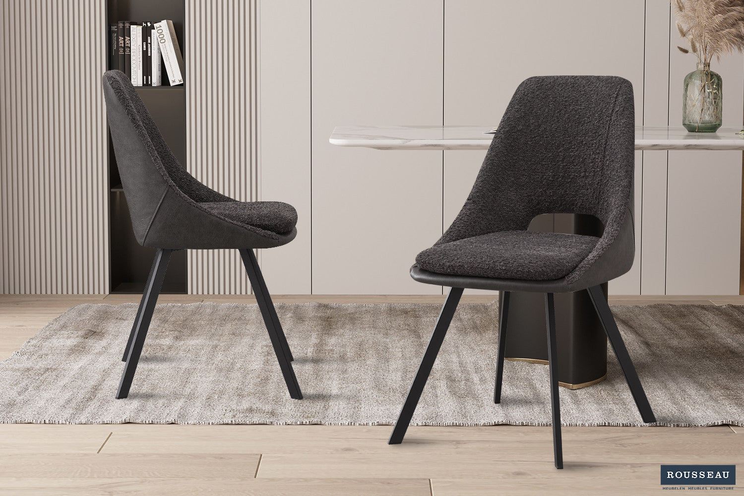 Stoel 'Filou' Bouclé Grijs Vloerkleed PU Lichtgrijs