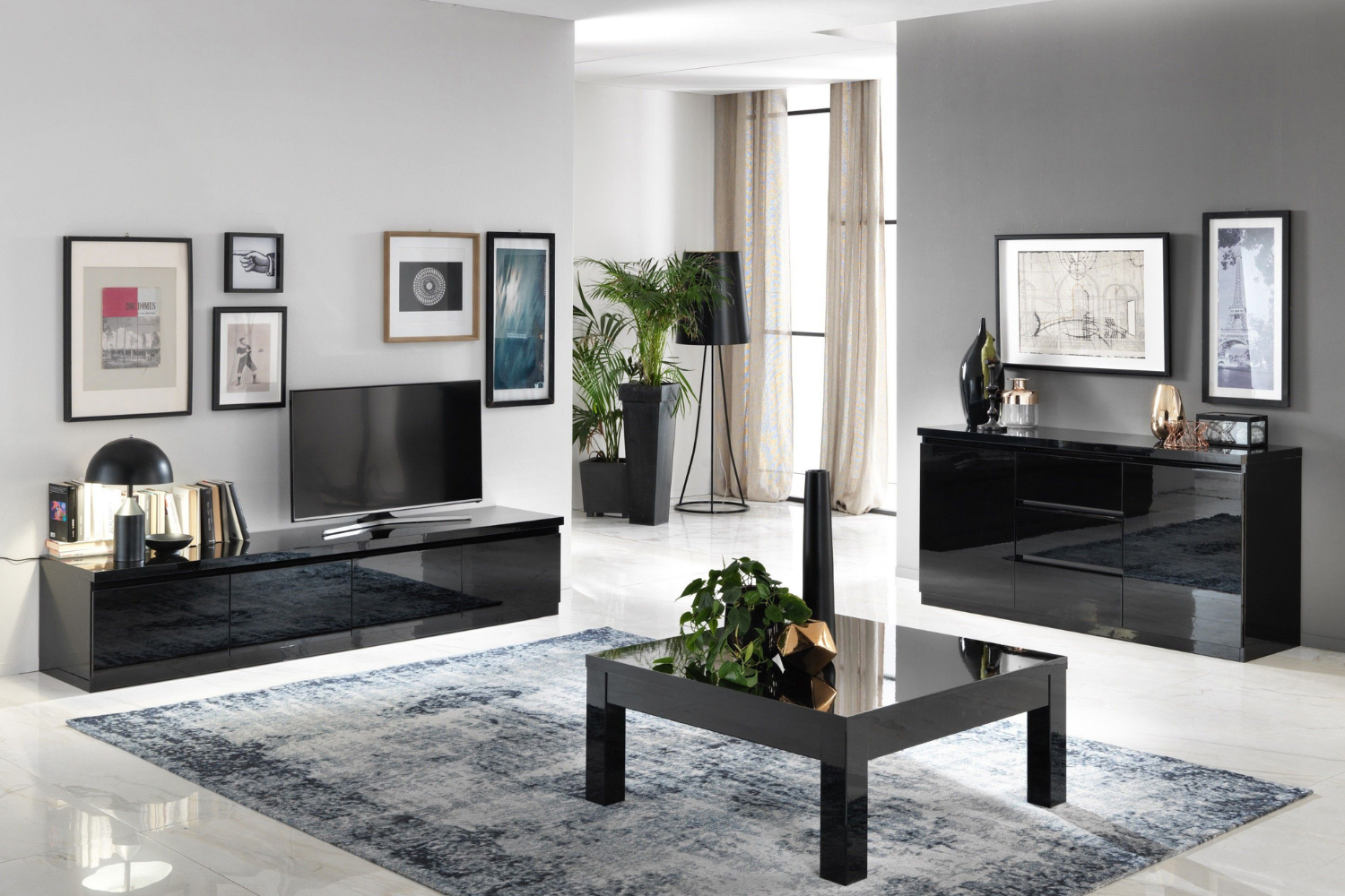 Tv Meubel Rome Zwart - 220cm - Zwart Hoogglanslak