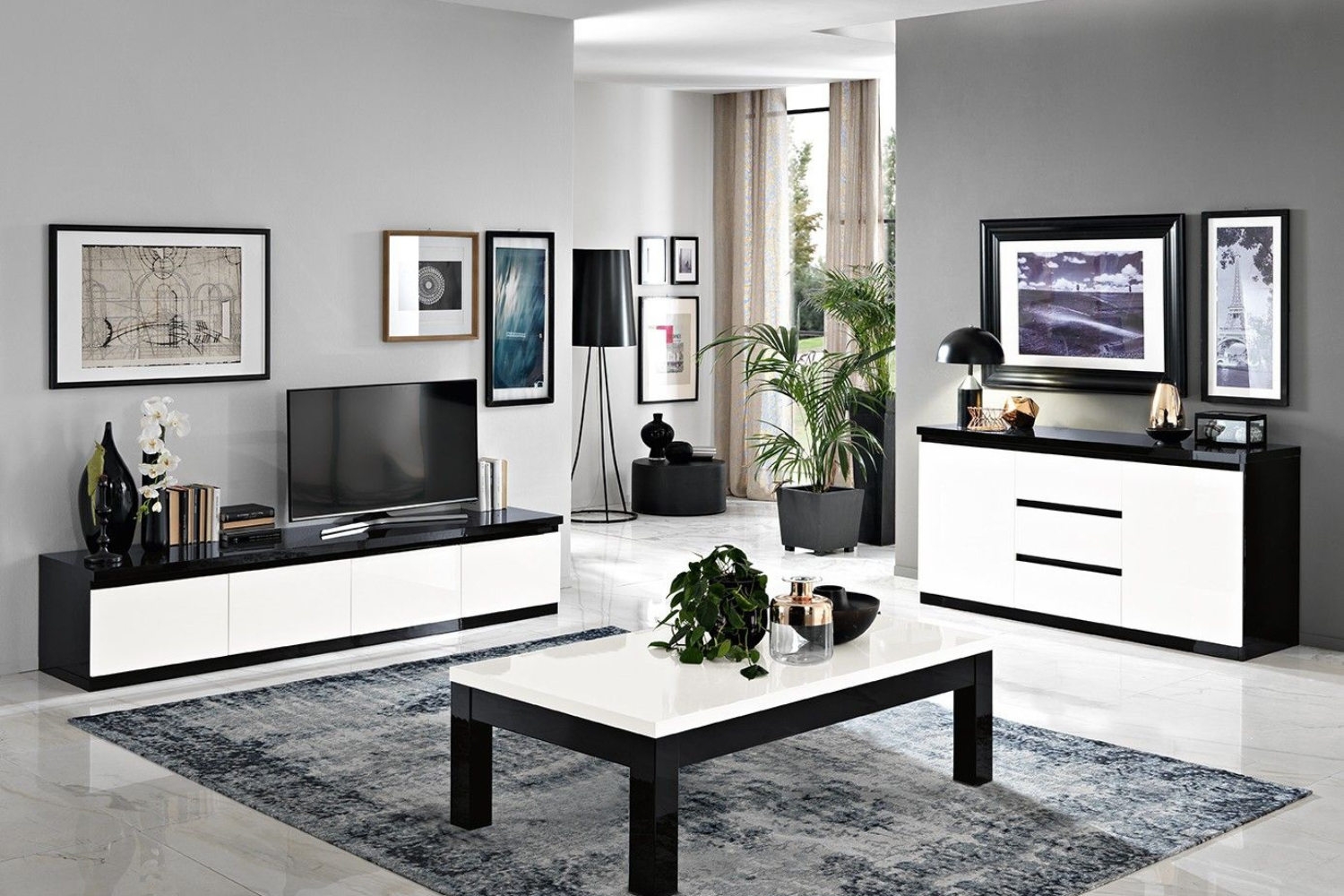 Tv-Meubel Rome - 220cm - Zwart Wit Hoogglanslak