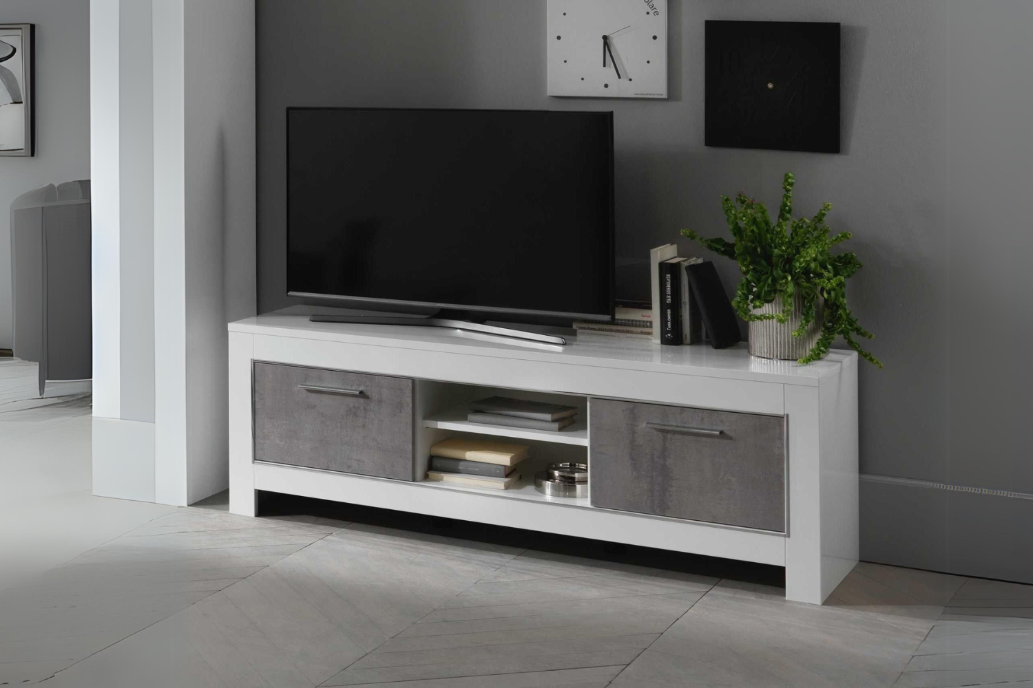 Tv Meubel Modena - 160cm - Wit Grijs Hoogglanslak