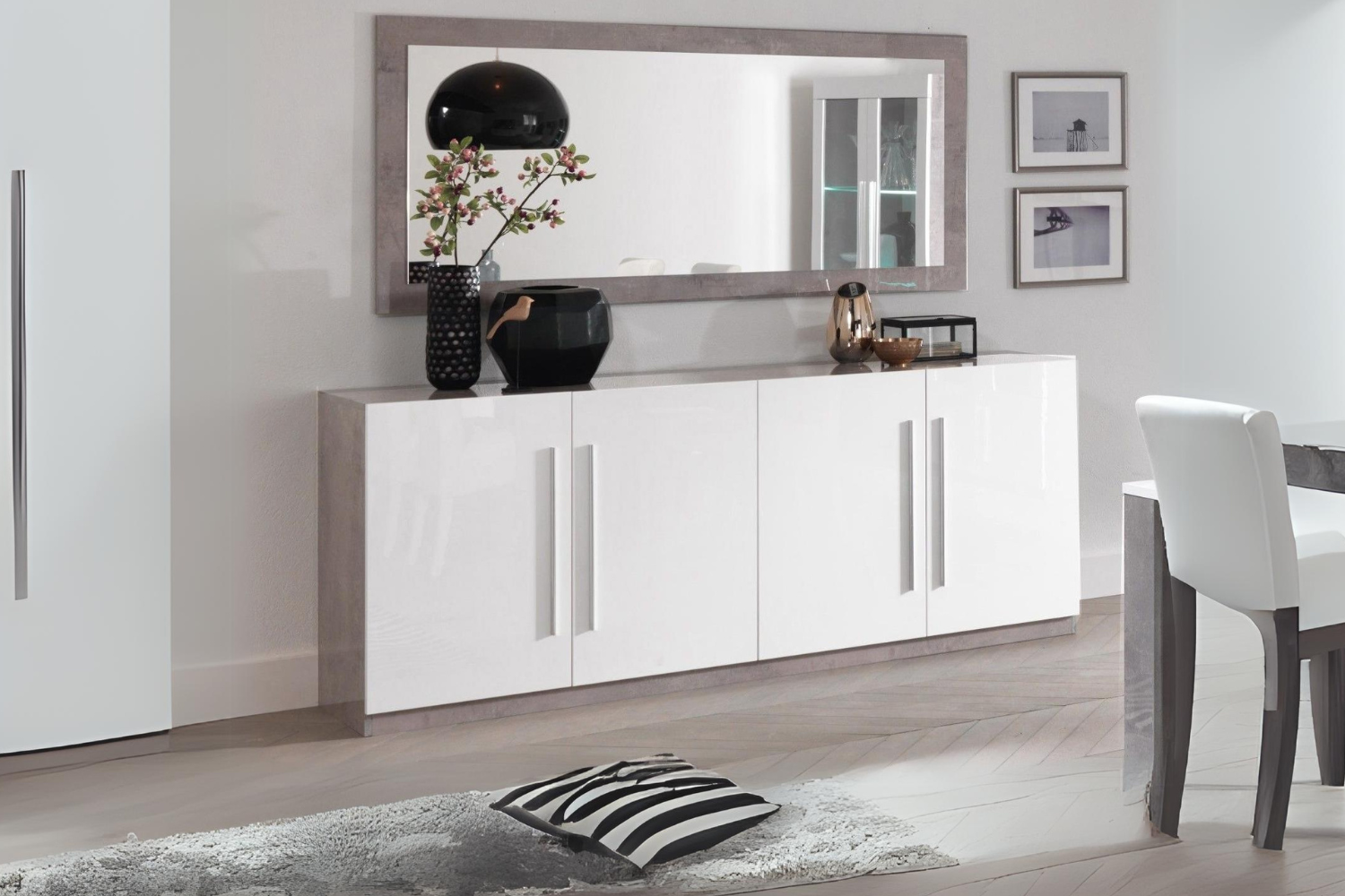 Dressoir Greta - 208cm - 4 Deuren - Grijs Wit Hoogglanslak