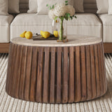 Salontafel 'Luuk' 70 cm Rond Mango hout met Travertin Beige