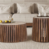 Bijzettafel 'Luuk' 40 cm Rond Mango hout met Travertin Beige