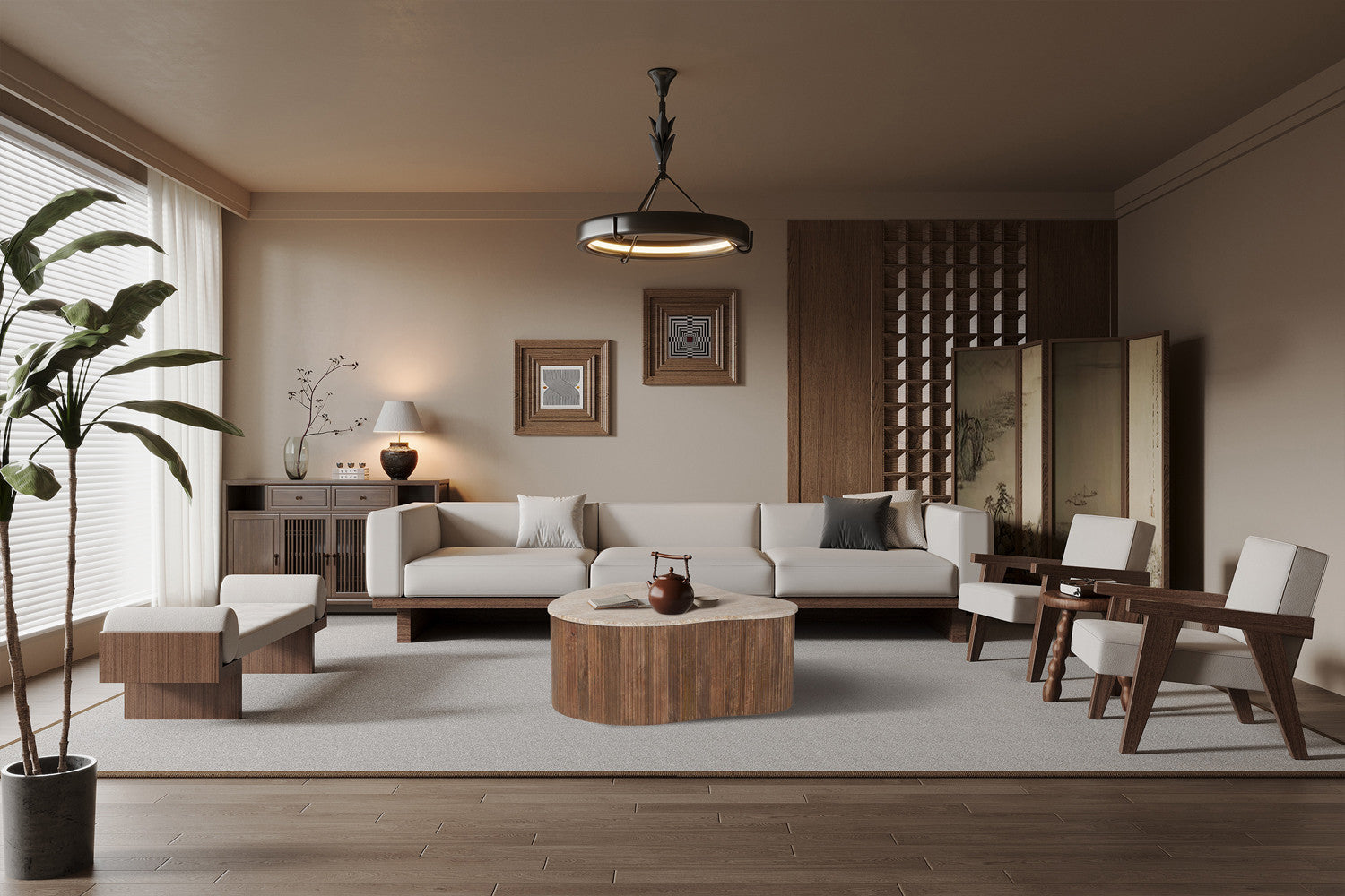 Salontafel 'Paul' 83 cm Mango hout met Travetin Beige