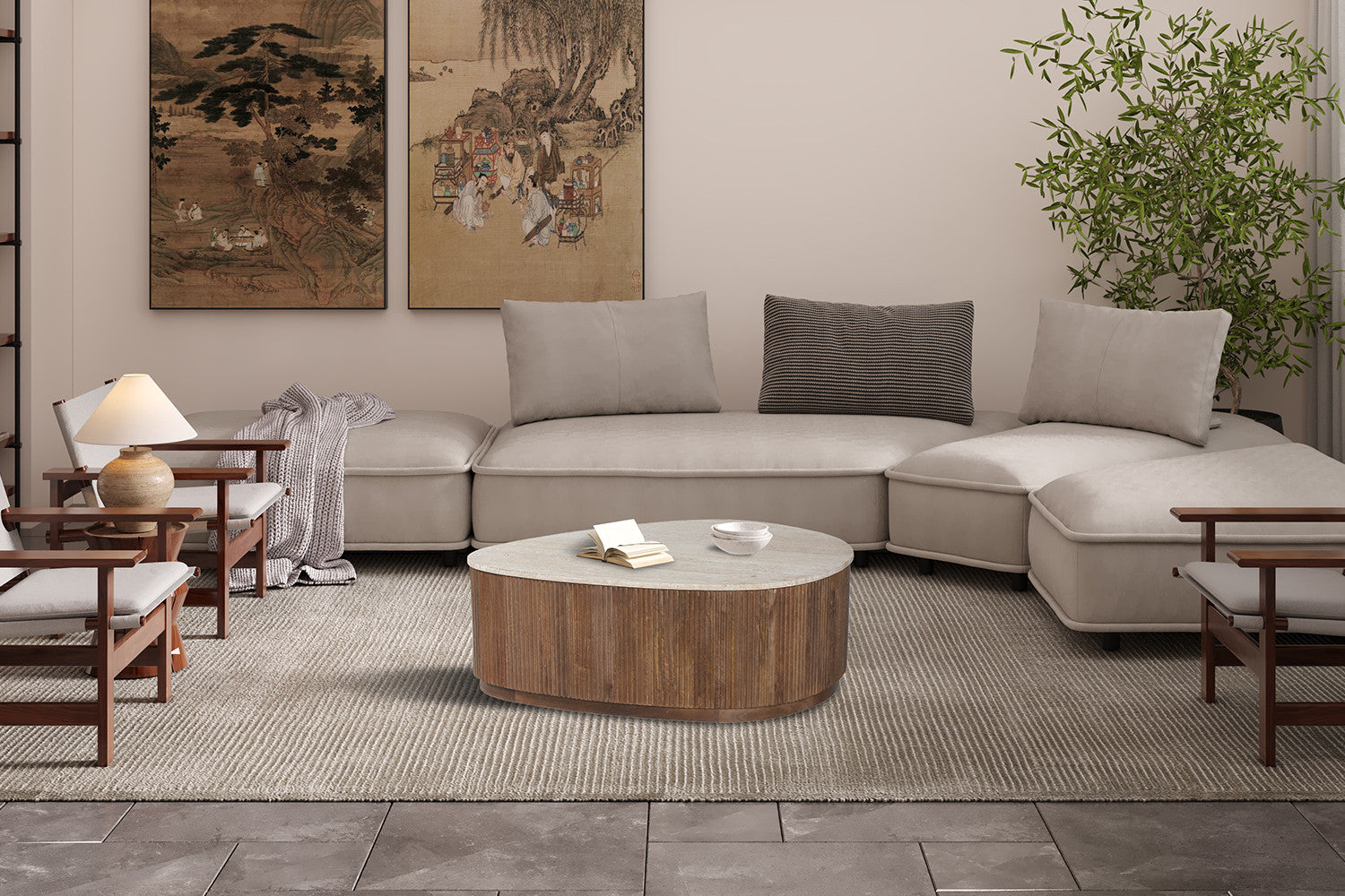 Salontafel 'Nolan' 100 cm Mango hout met Travetin Beige