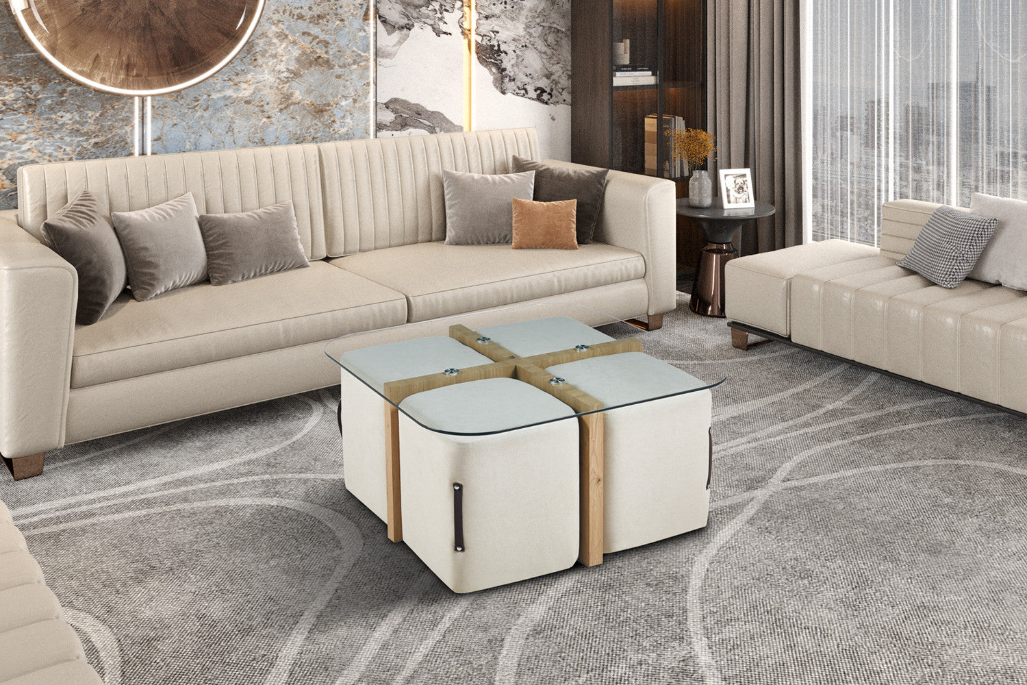 Salontafel 'Shana' met 4 poefs stof Decor Oude eik