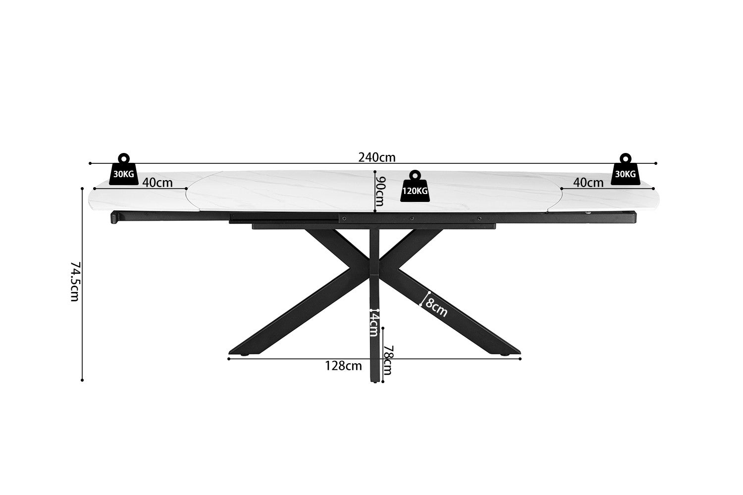 Uitschuifbare tafel 'Ares' 160-240 cm Deens Ovaal Steen Wit