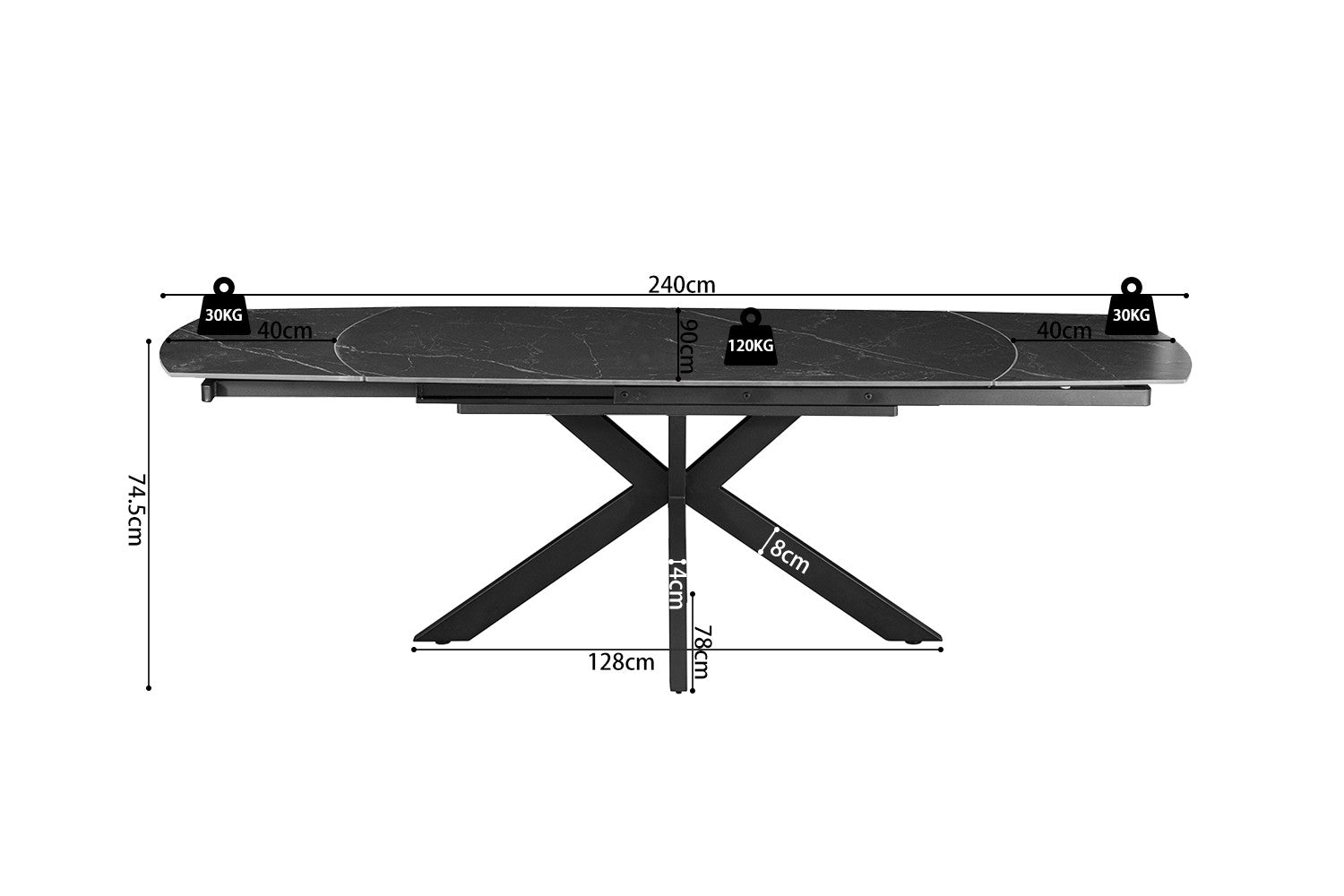 Uitschuifbare tafel 'Ares' 160-240 cm Deens Ovaal Steen Zwart