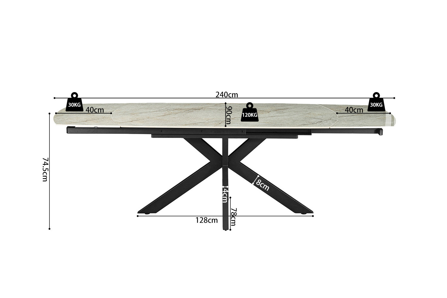 Uitschuifbare tafel 'Ares' 160-240 cm Deens Ovaal Glanzend Steen Beige