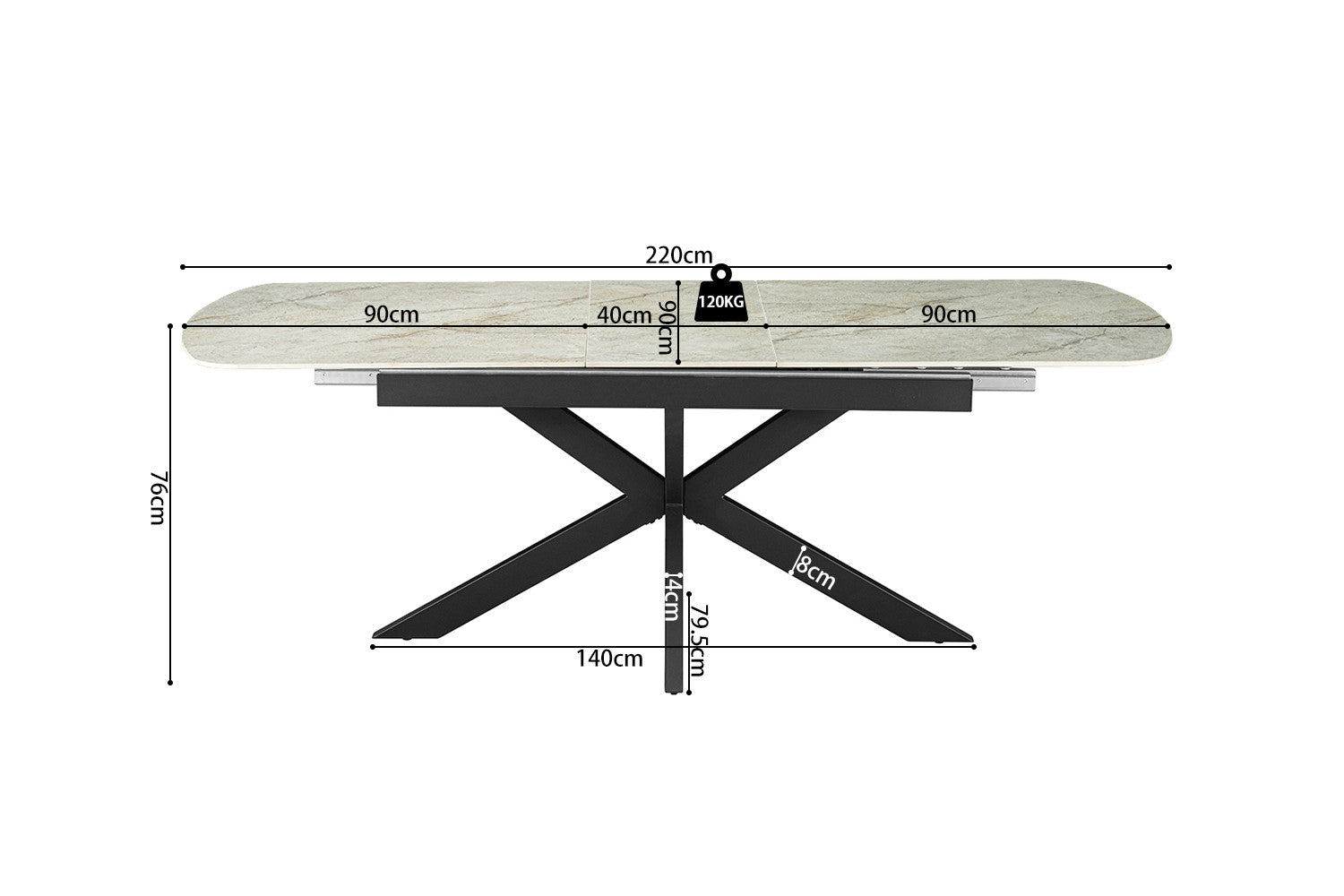 Uitschuifbare tafel 'Hestia' 180-220 cm Deens Ovaal Glanzende Steen Beige