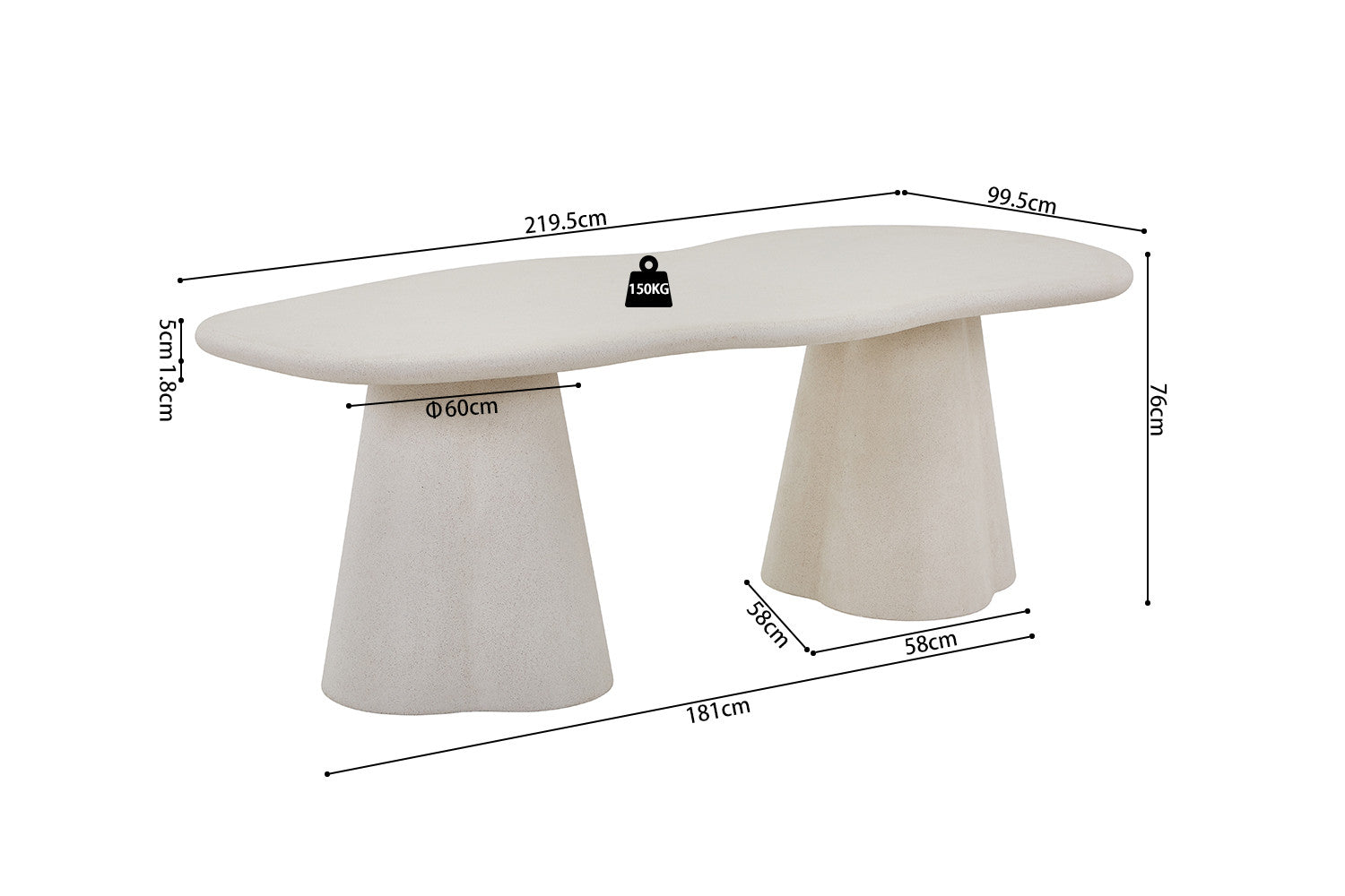 Tafel 'Faro' 220 cm Organisch Cement