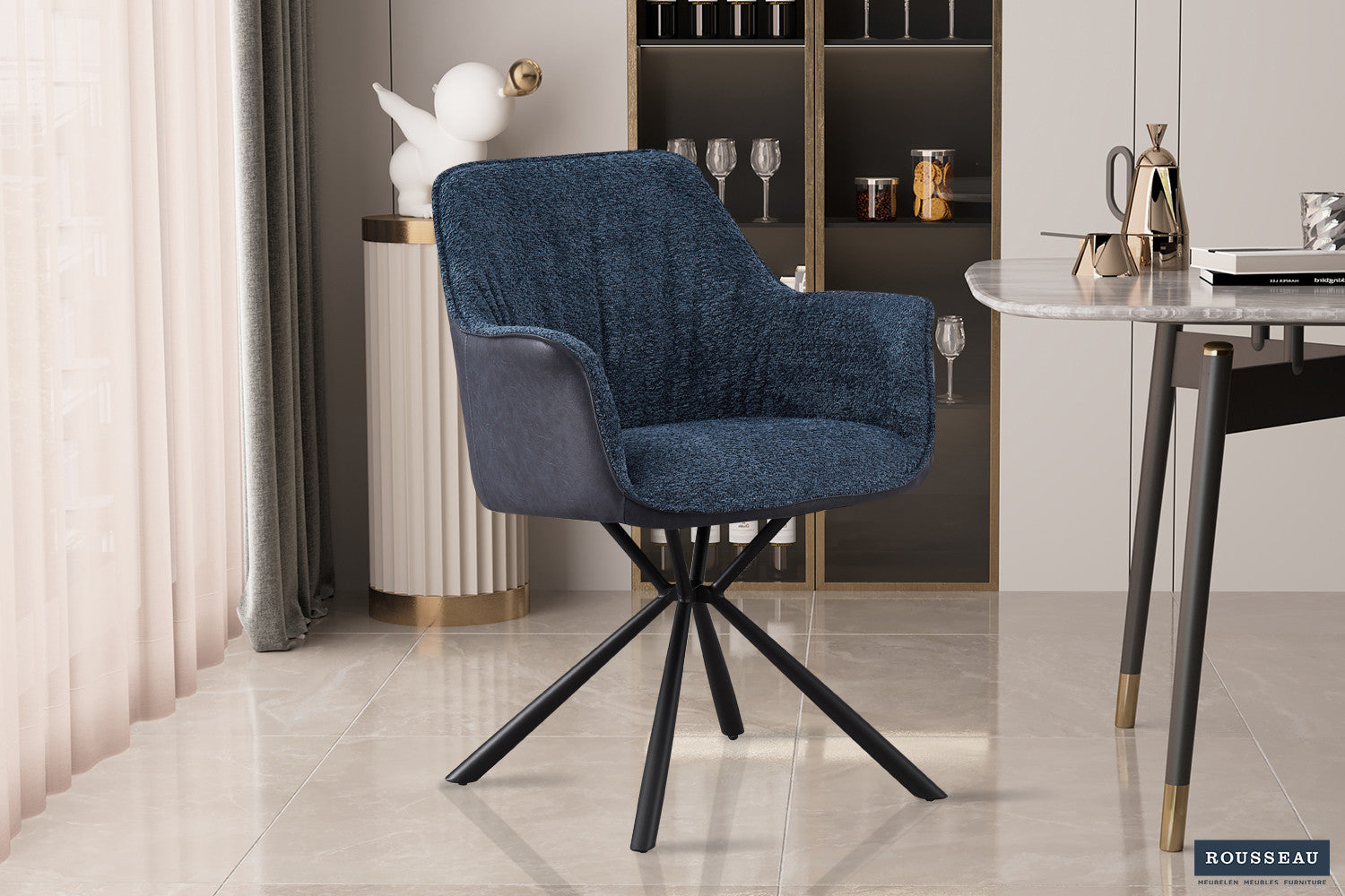 SALE - Stoel 'Lucie' Bouclé Blauw Rug PU Blauw