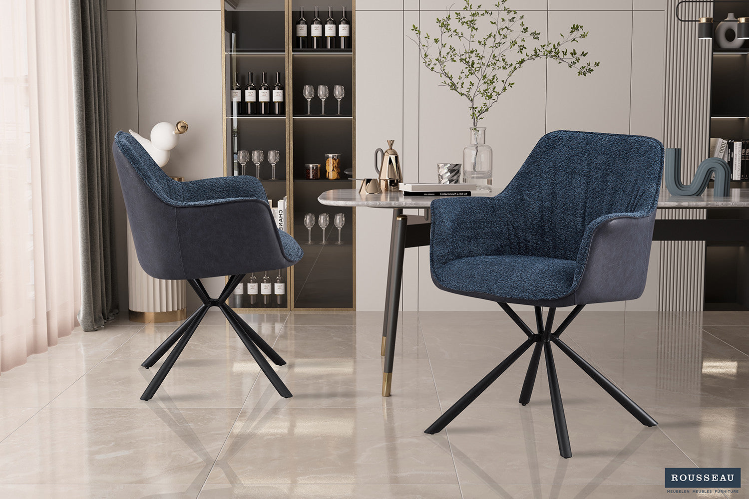 SALE - Stoel 'Lucie' Bouclé Blauw Rug PU Blauw